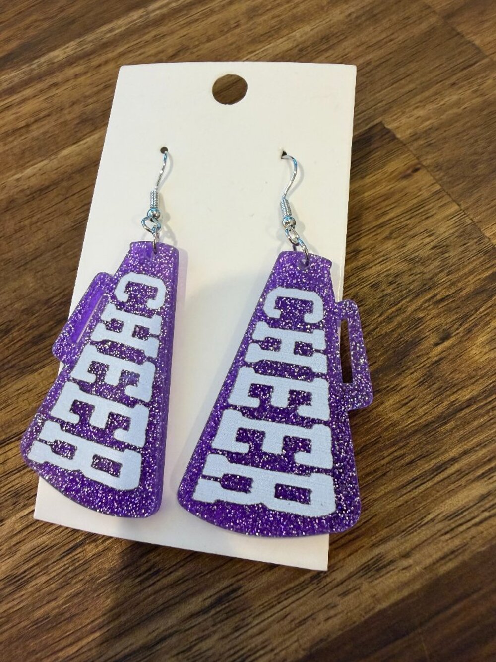 Purple Glitter CHEER Megaphone Dangle Earrings – Lightweight Game Day Earring